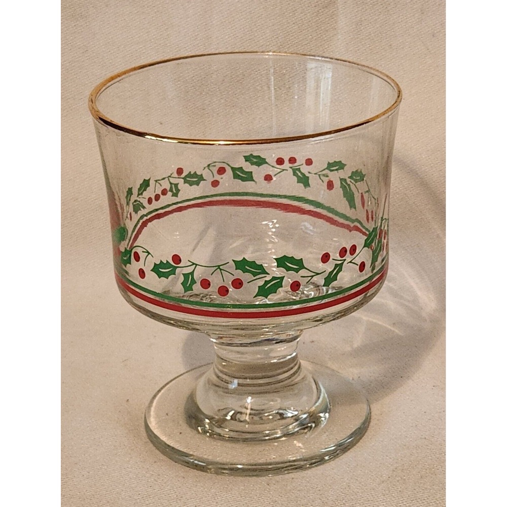 ARBY'S Libbey Holly & Berries Flat Champagne, Sherbet, Dessert 4" Glass; Gold-2 - Picture 2 of 4